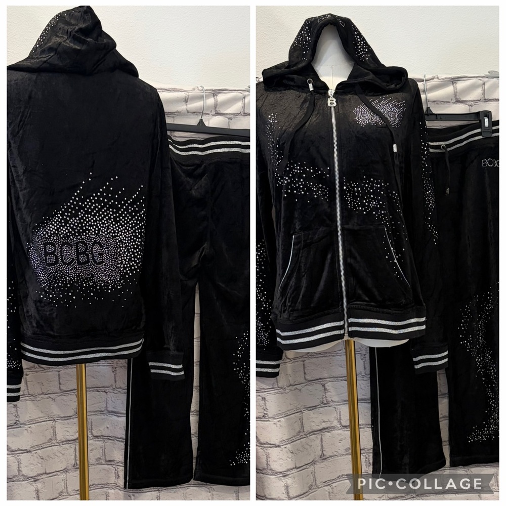 BCBG Maxazria:L Women Black Velour Rhinestone-Trim Lounge Set